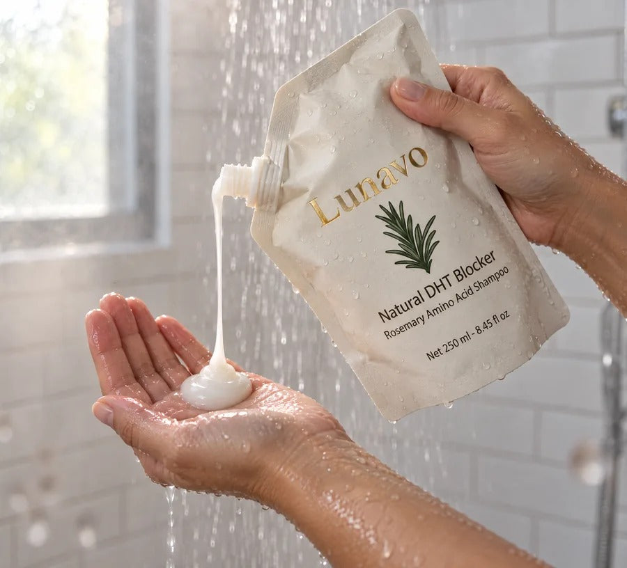 Squeezing a coin sized amount of Lunavo shampoo into a wet palm in the shower
