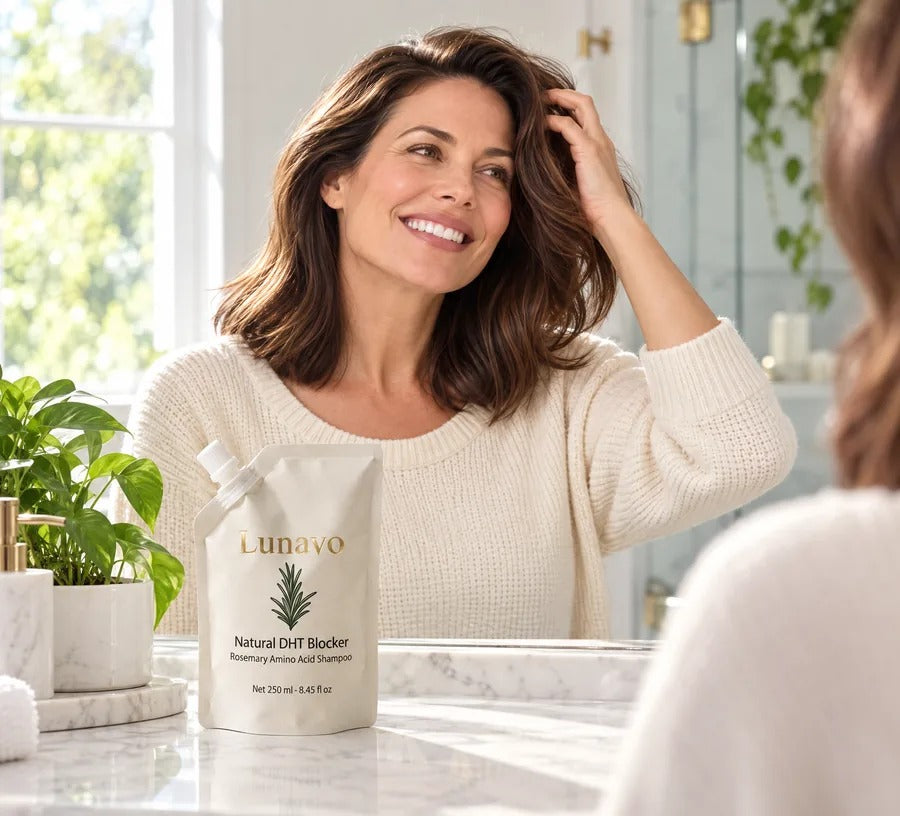 Woman running fingers through thick, freshly washed hair