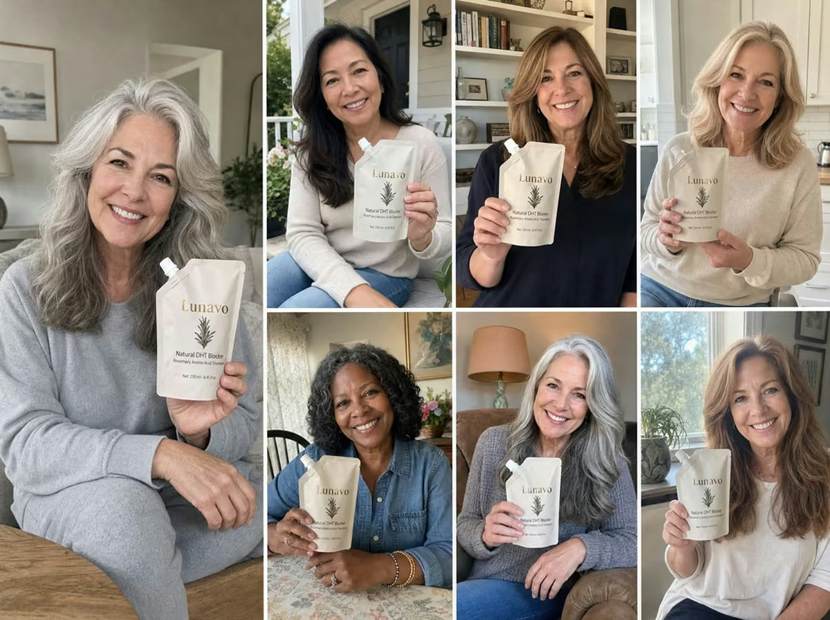 Seven happy Lunavo customers holding their pouches