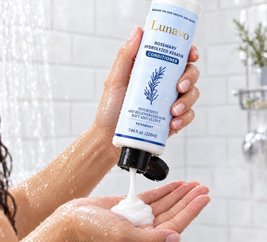 Squeezing Lunavo conditioner into a palm in the shower