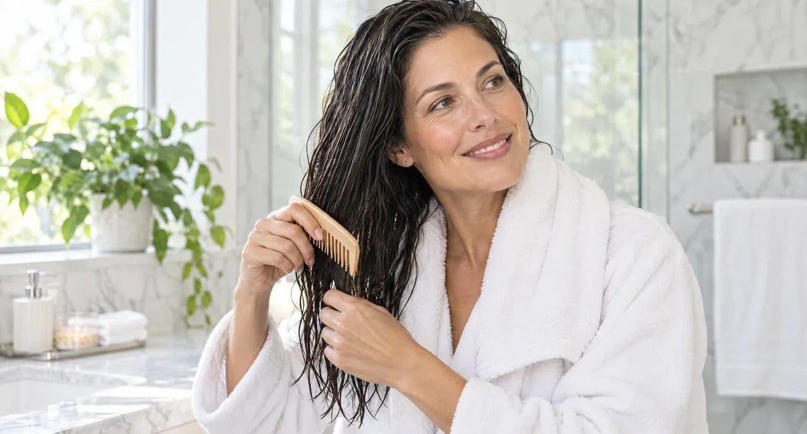 Woman rinsing her hair