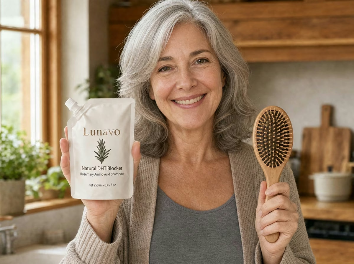 Woman holding her Lunavo shampoo pouch