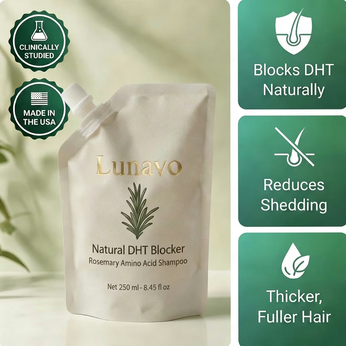 Lunavo Natural DHT Blocker rosemary shampoo, clinically studied, made in the USA