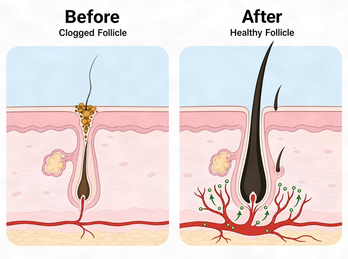 Before and after diagram of a clogged follicle and a healthy follicle