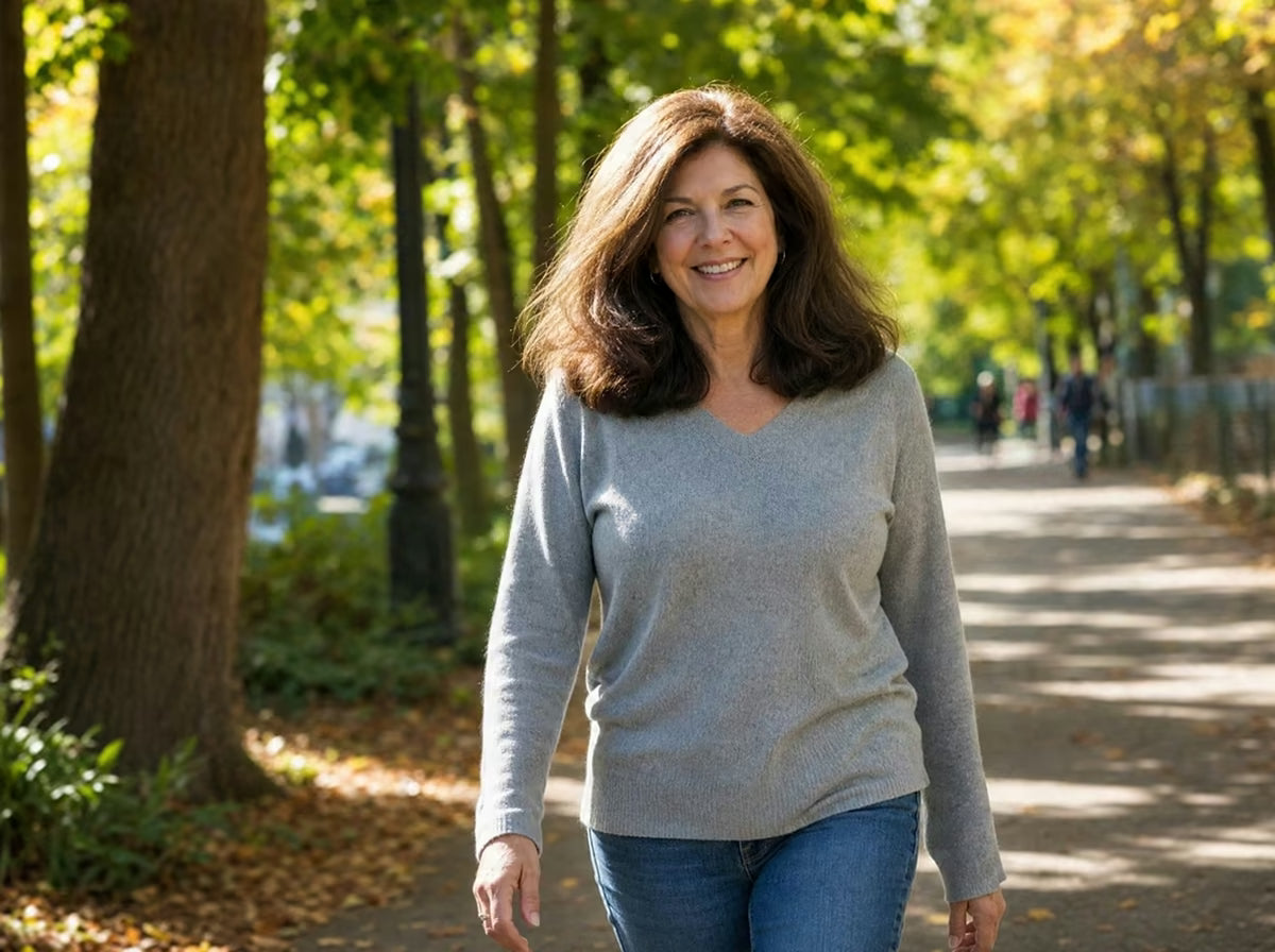 Woman with thick full hair walking through a park