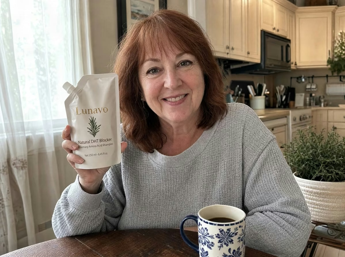 Diane with her Lunavo pouch at her kitchen table