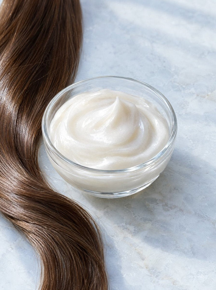 Conditioner cream beside a length of glossy hair