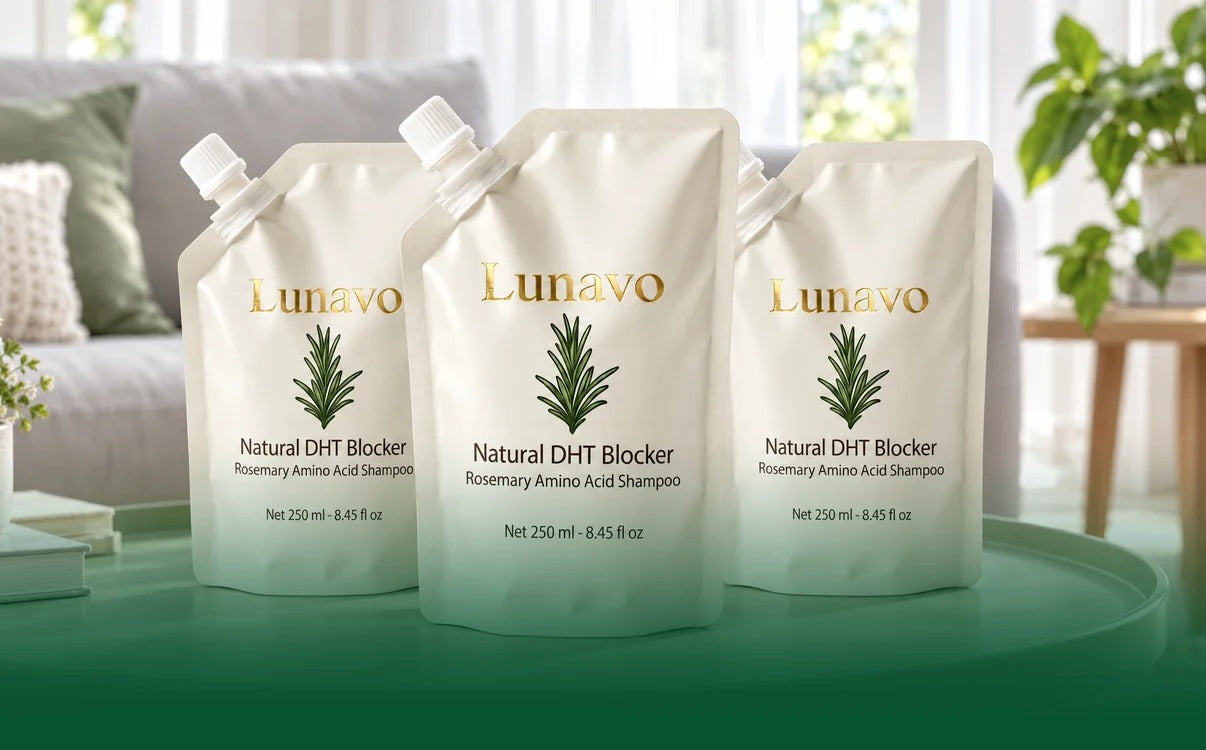 Three Lunavo Rosemary Amino Acid Shampoo pouches on a table